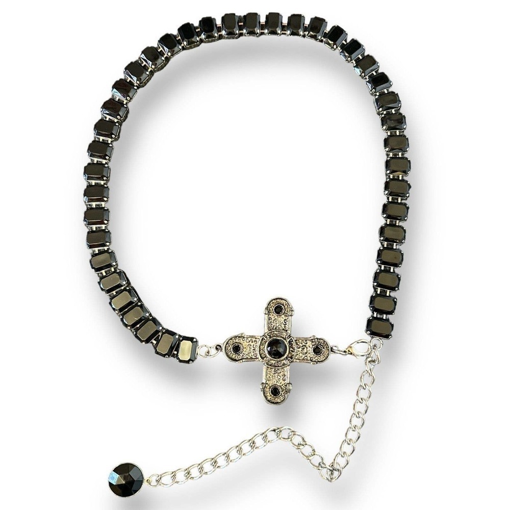Chunky Cross Pewter Black Beaded Belt/Necklace Silver Plated Lobster Claw Clasp